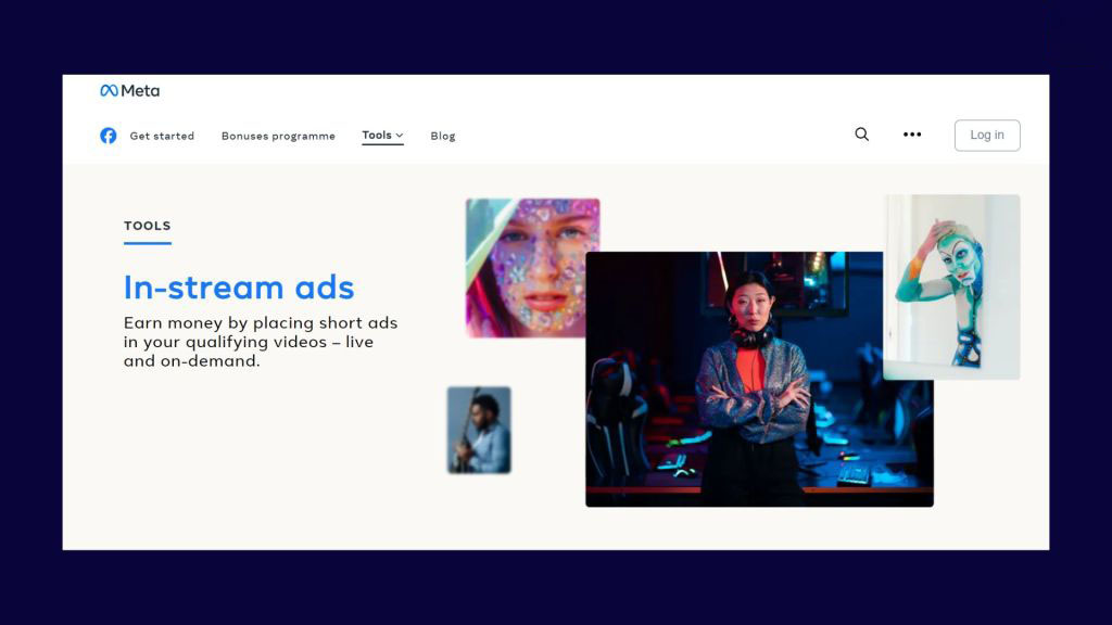 Meta website showcasing in-stream ads tool for monetizing videos with short ad breaks, featuring images of various creators.